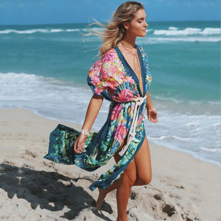 maxi dresses with off-the-shoulder necksFashionSierra-Sexy Side Split  Beach Kaftan  Women  Tunic  Polyester  Floral Print  Long  Summer Boho Dress