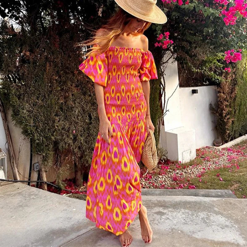 maxi dresses for mother of the groomFashionSierra-Vintage  Puff Sleeve  Beach  Women  Robe  Sexy  Off Shoulder  Slash Neck  Rayon  Summer  Casual  Long Boho Dress