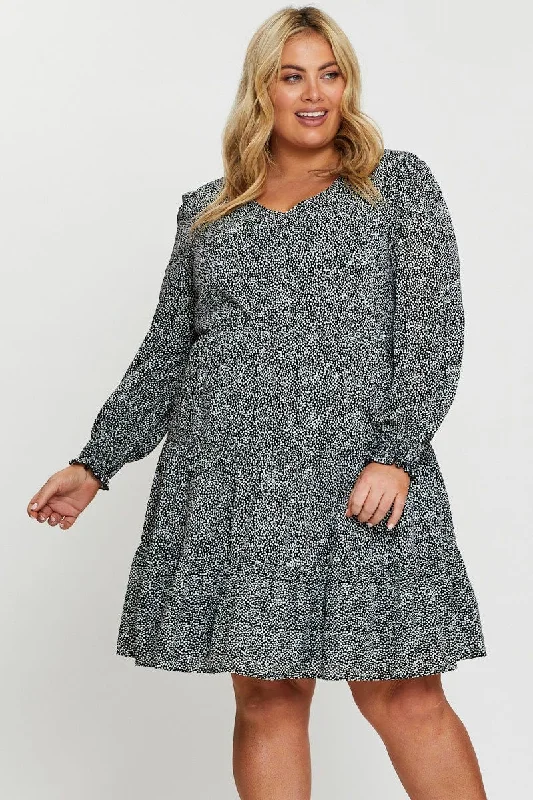 Formal Winter Long Sleeves DressGeo Print Skater Dress V-neck Long Sleeve