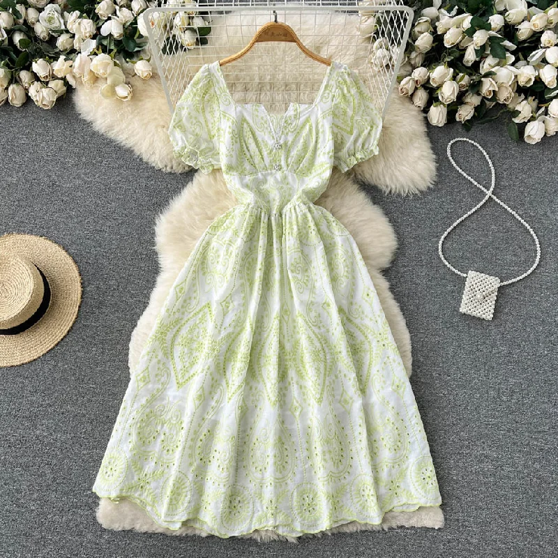 chiffon maxi dressesHigh Waist Puff Sleeve Long Lace Dress    S4457