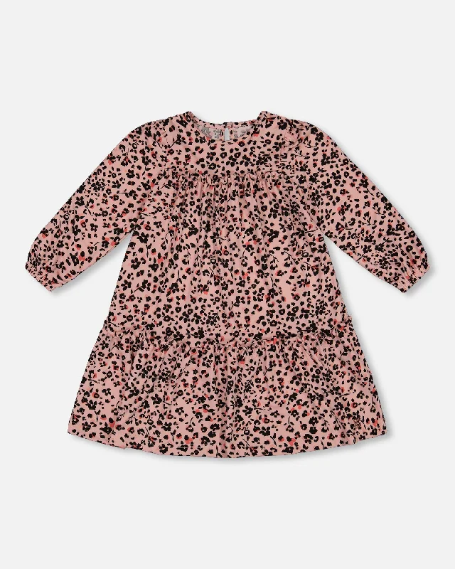 Formal Velvet Long Sleeves DressLong Sleeve Dress With Frills Pink Printed Leopard Flowers