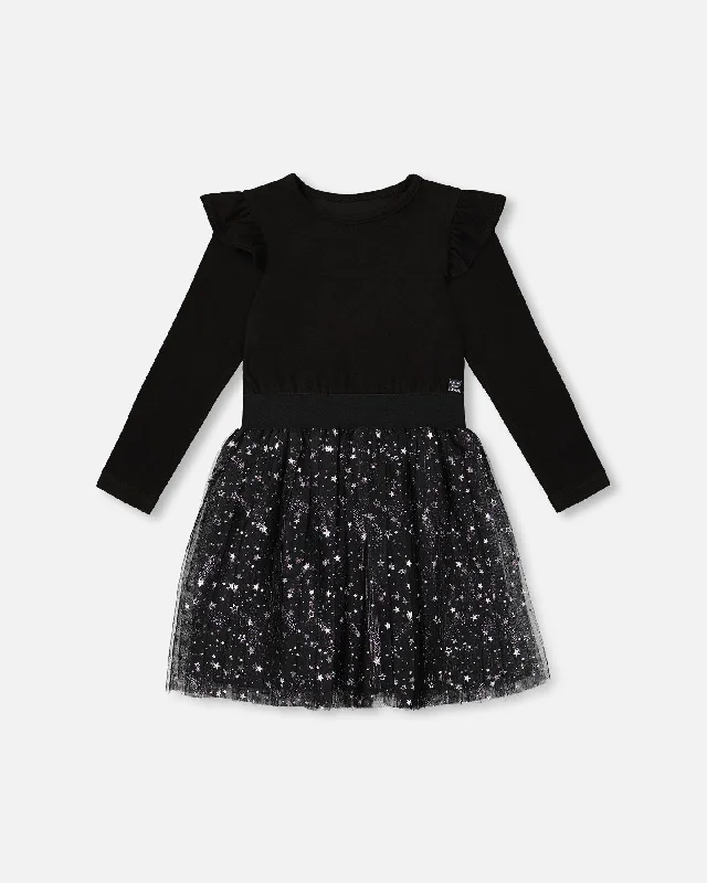 Funky Print Long Sleeves DressLong Sleeve Dress With Glittering Tulle Skirt Black