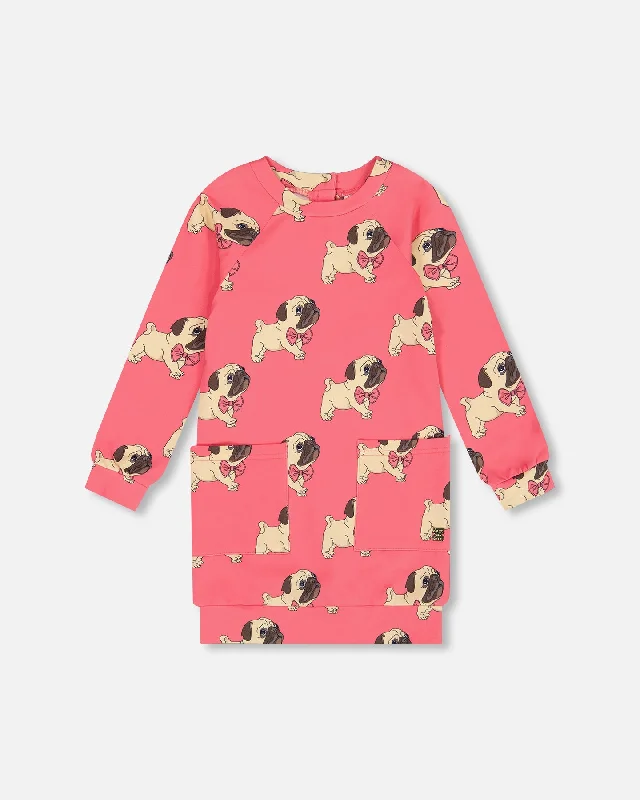 Fuzzy Knitted Long Sleeves DressLong Sleeve Fleece Dress With Pocket Magenta Printed Pug