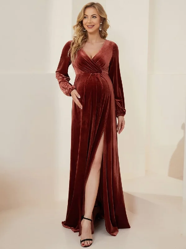 Formal Party Long Sleeves DressLong Sleeve Velvet V-Neck Front Slit Floor-Length Bump Friendly Dress