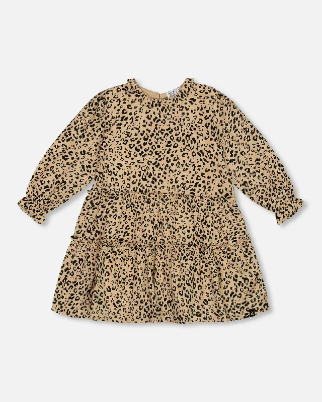 Fuzzy Wool Long Sleeves DressLong Sleeve Viscose Dress With Frill Printed Leopard