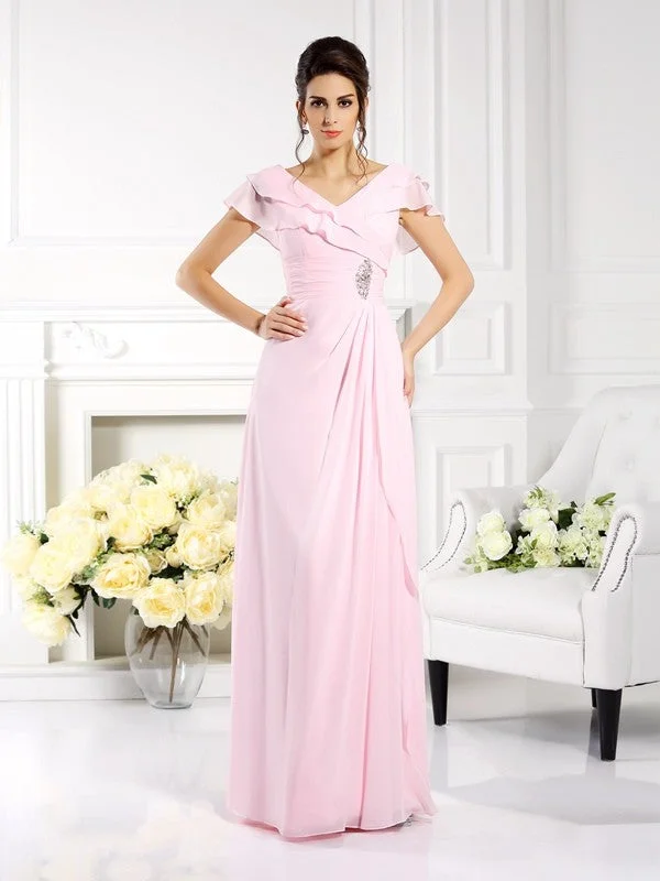 wedding dress with illusion backMother of the Bride Dresses A-Line V-neck Ruffles Short Sleeves Long Chiffon