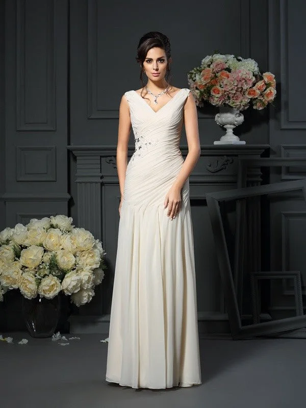 eco-friendly wedding dressesMother of the Bride Dresses Sheath V-neck Beading Sleeveless Long Chiffon