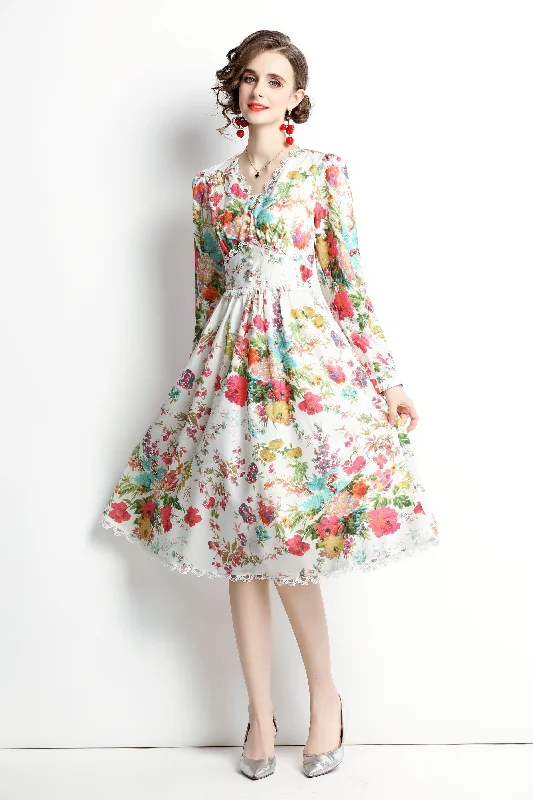 Formal Long Sleeves Cocktail GownMulticolor Day A-line V-neck Long Sleeve Below Knee Printed Dress