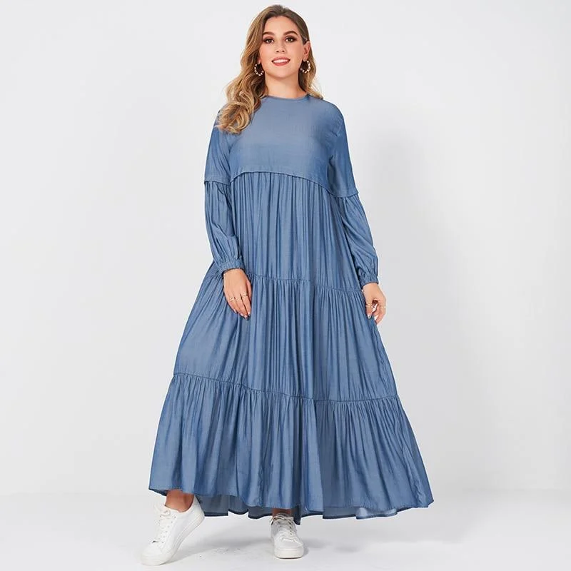 maxi dresses with keyhole backsFashionSierra - New Summer Women Long Dress Fashion Sweet Pure Blue Color O-neck Pleated Cake Loose Large Size Big Swing Long Sleeve Dresses