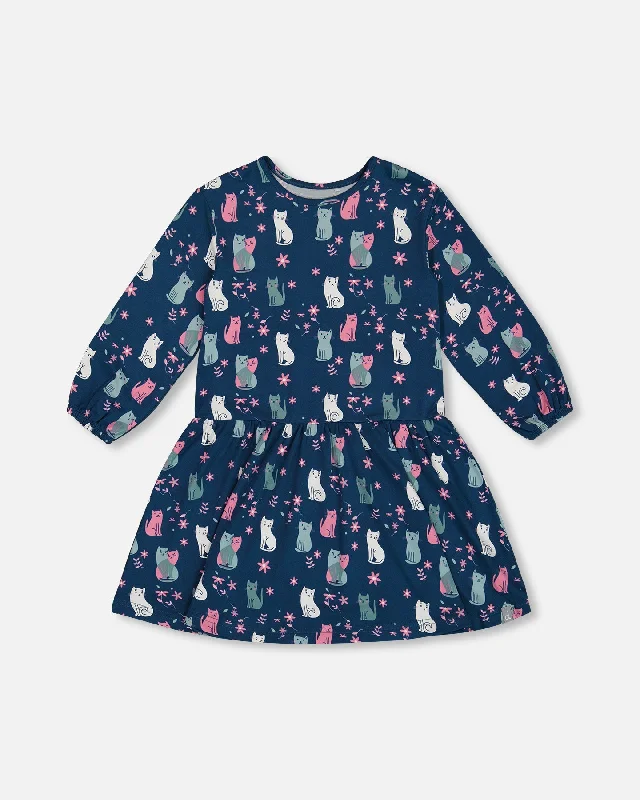 Flowery Silk Long Sleeves DressPrinted Long Sleeve Dress Navy Blue With Kitten