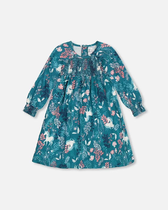 Fancy Crepe Long Sleeves DressPuffy Long Sleeve Viscose Dress Turquoise Printed Fairy Unicorn