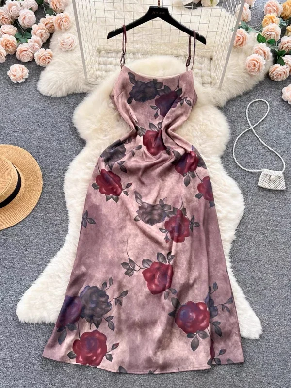 maxi dresses for petite womenRomantic, Retro, Rose Print Halter Dress, Luxury Waist Long Dress     S4479