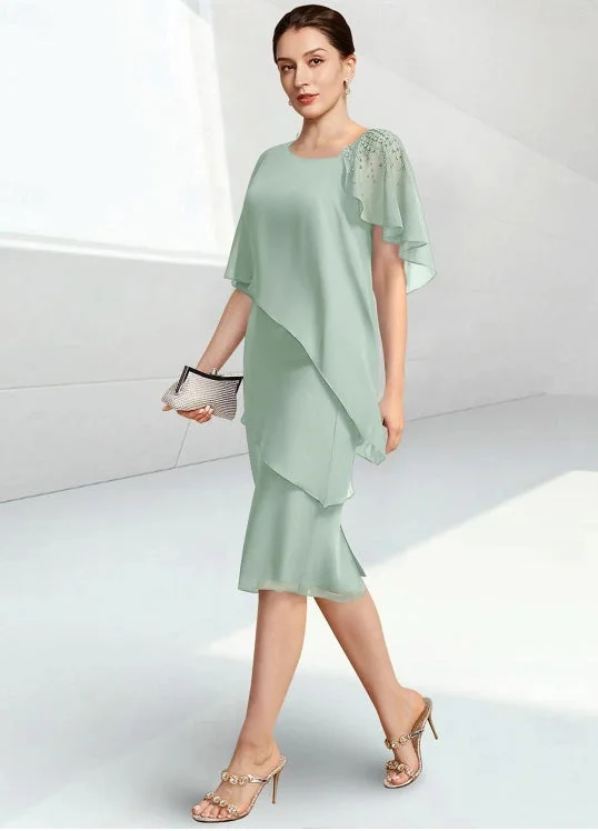 mother-of-the-bride wedding dressesSage Elegant Jewel Neck Knee Length Chiffon Half Sleeve with BeadingMother of the Bride Dress