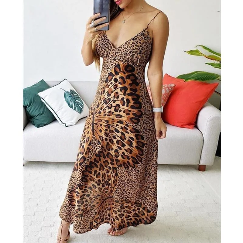 maxi dresses for winter (with tights)FashionSierra - Butterfly leopard print long dress Women spaghetti strap summer dress Casual beach a line dresses robe femme