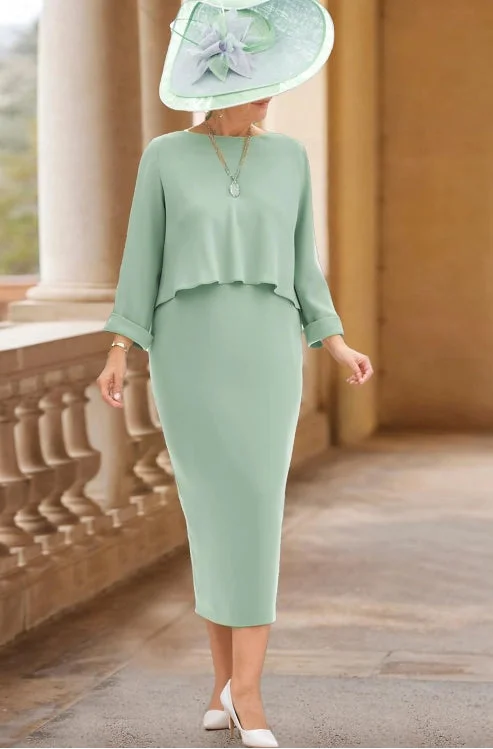 A-line wedding dressesSheath / Column Mother of the Bride Dress Jewel Neck Tea Length Stretch Fabric 3/4 Length Sleeve with Pleats