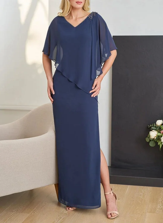 silk wedding dressesSheath / Column V Neck Floor Length Chiffon Half Sleeve with Beading Mother of the Bride Dress