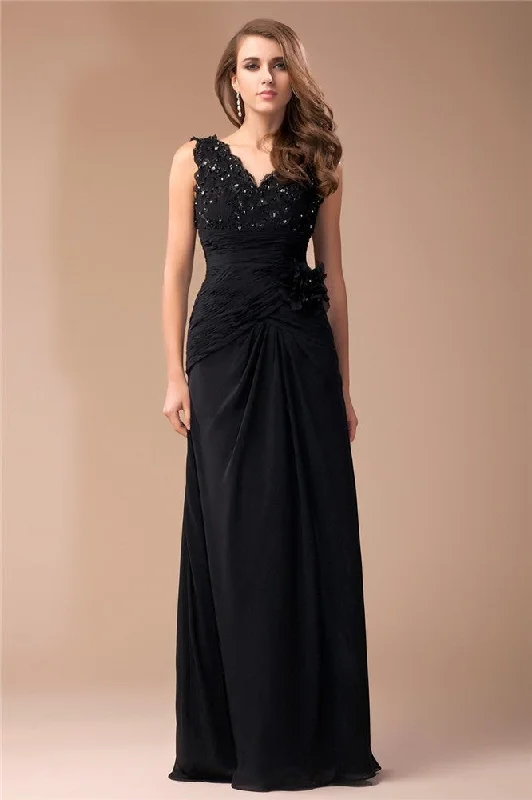 maxi dresses with hidden pocketsSheath/Column V-neck Sleeveless Long Beading Lace Chiffon Dresses