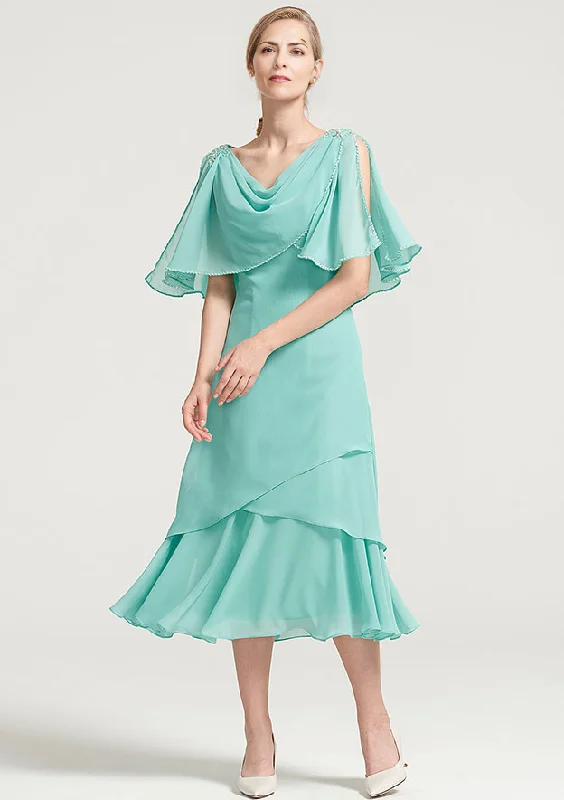 lightweight wedding dressesTea-Length Chiffon Mother of the Bride Dress With Side Draping Crystal Detailing Ruffles