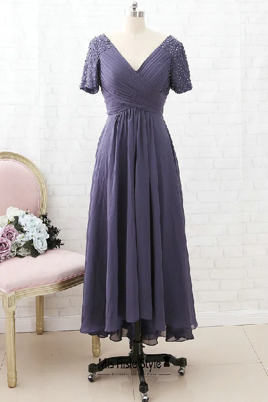 statement wedding dressesTea Length Short Sleeve Mother of The Bride Dress