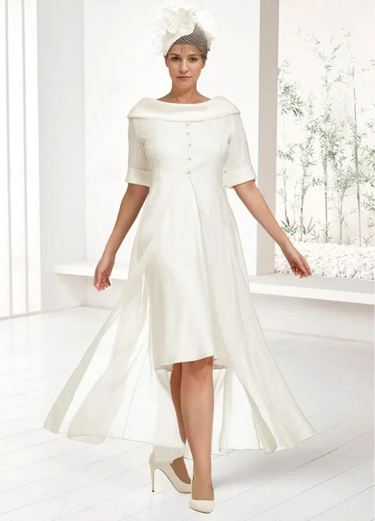 appliqued wedding dressesTwo Piece Knee Length Chiffon Half Sleeve with Buttons Solid Color Mother of the Bride Dress Off Shoulder