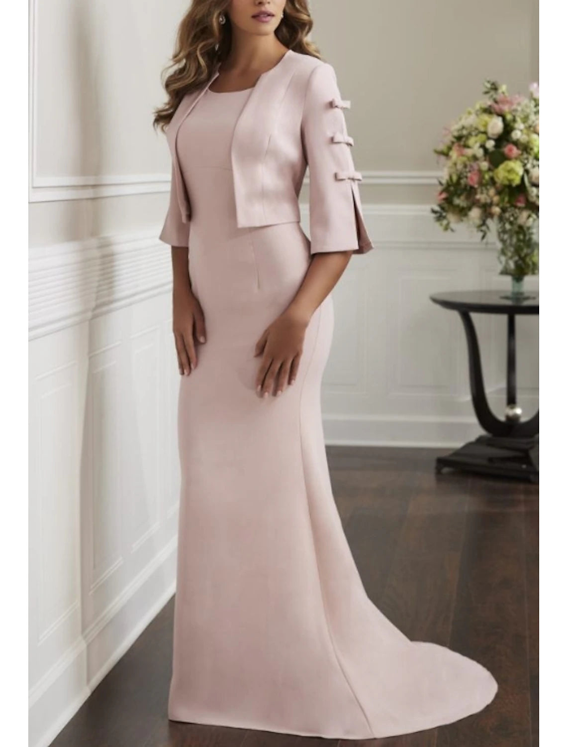 wedding dress without trainTwo Piece Sheath / Column Mother of the Bride Dress Elegant With Jacket 3/4 Sleeve Scoop Neck Sweep / Brush Train Stretch Fabric Bow(s) Winter