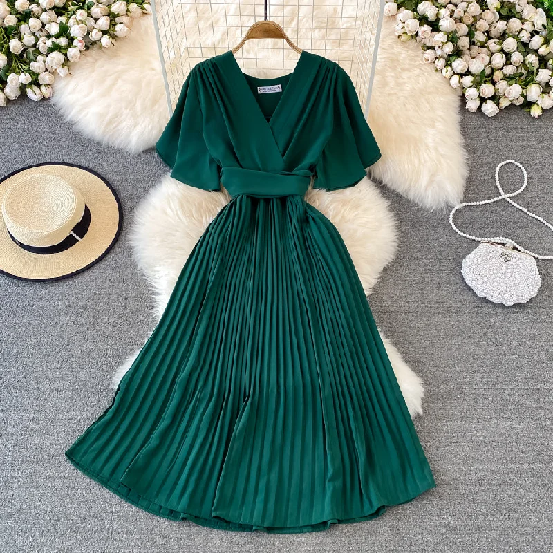 maxi dresses for plus sizeV-neck Short-sleeved Dress Over The Knee Lace-up Pleated Long Dress      S4465