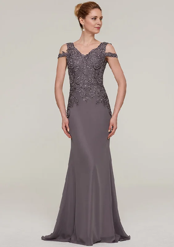 simple wedding dressesV Neck Sleeveless Sweep Train Chiffon Mother of the Bride Dresses With Sequins Appliqued