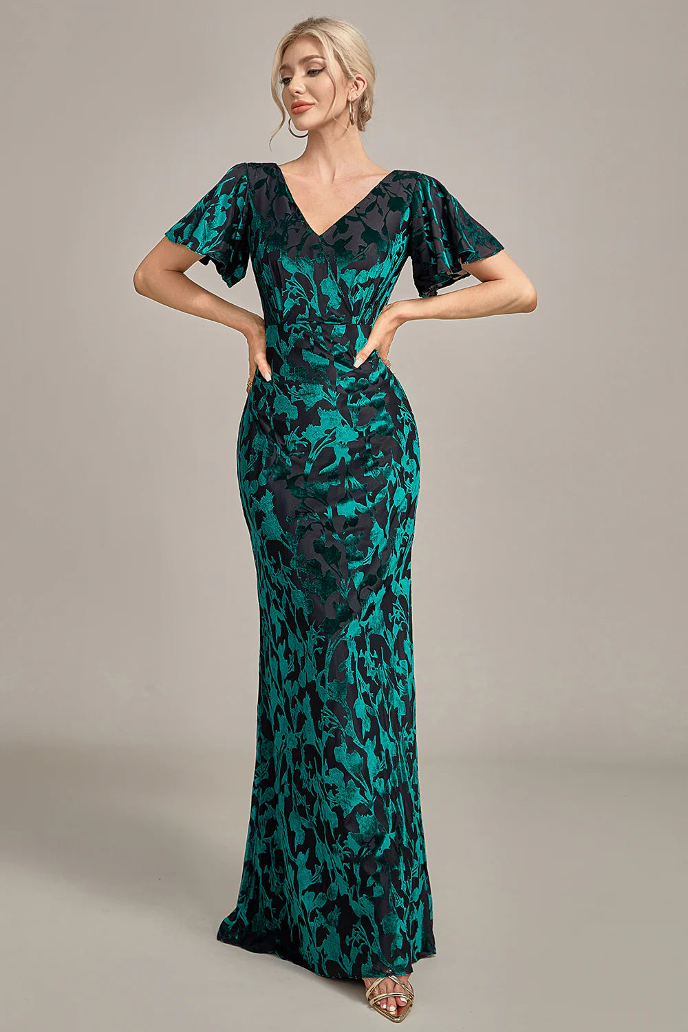 sample sale wedding dressesVelvet Peacock V-Neck Long Dress Mother of the Bride Dress