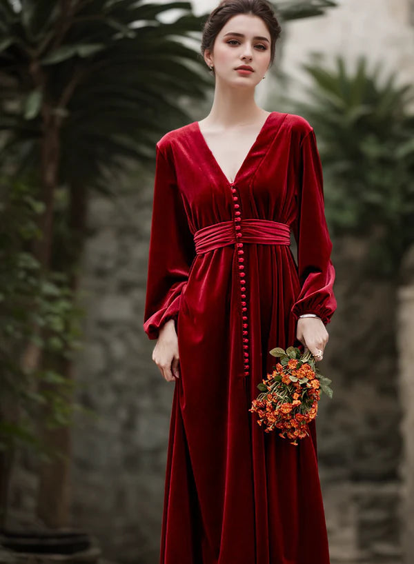 striped maxi dressesVintage Long puffed sleeves V-neck Velvet Dress