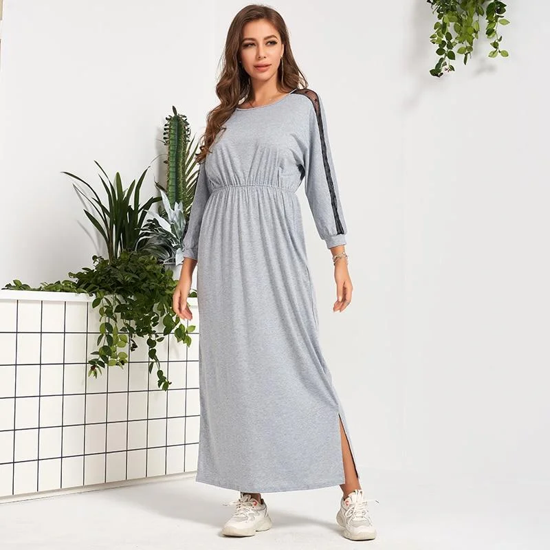 maxi dresses with lace overlaysFashionSierra - Women Casual Dress Lace Patchwork Split Hem Dress O Neck Long Sleeve Dress Women Long Dresses