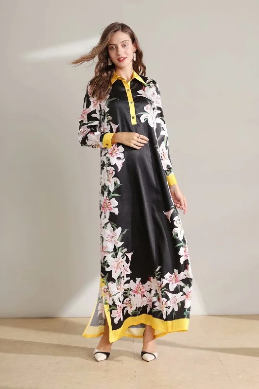 maxi dresses for garden partiesFashionSierra - Long Sleeves Floral Printed Loose Designer Fashion Casual Split Long Dresses