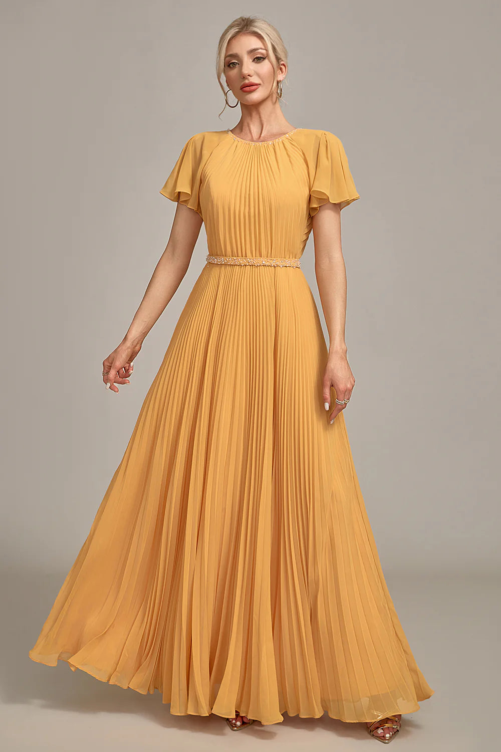 unique wedding dressesYellow A-Line Round Neck Pleated Mother of Bride Dress With Short Sleeves