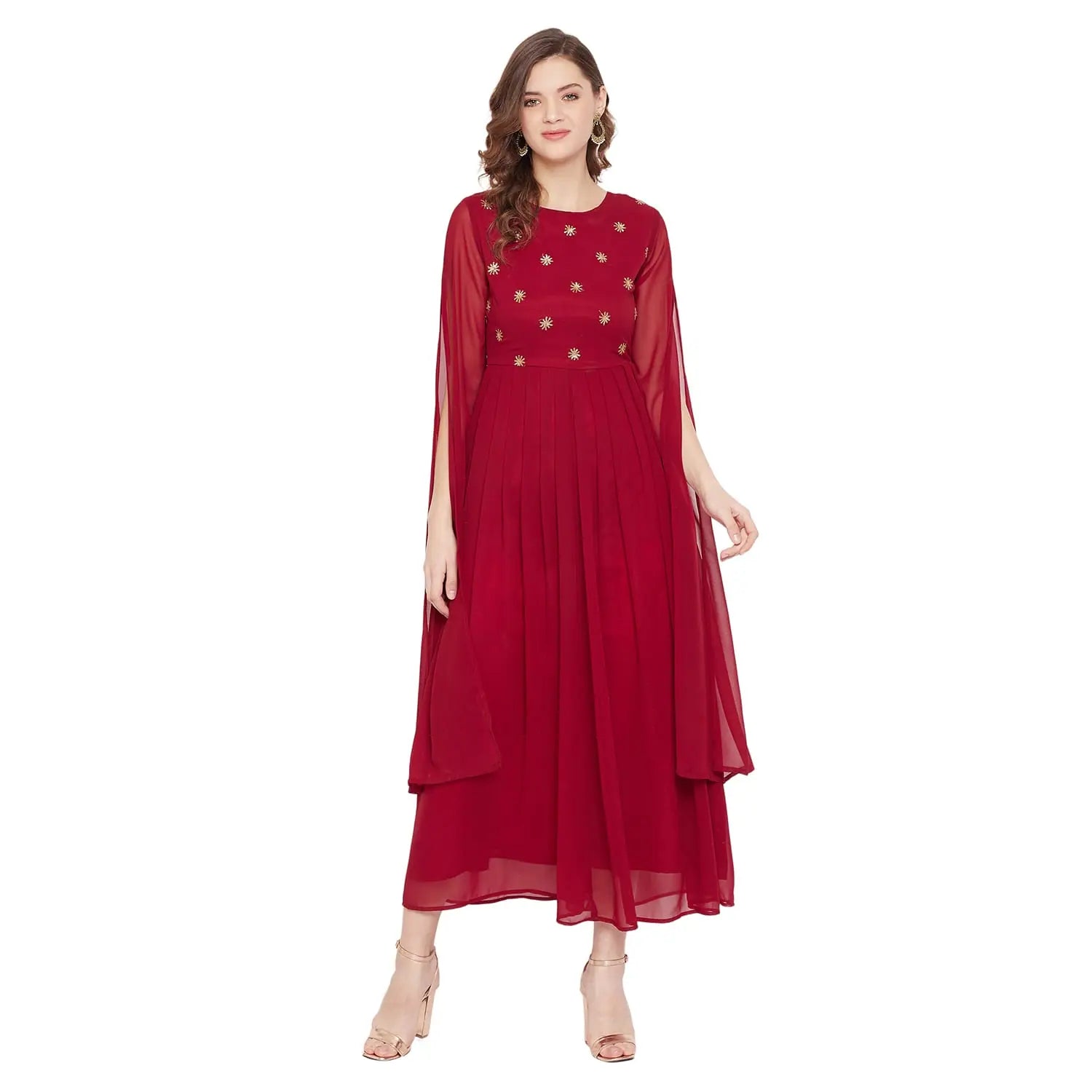 Fitted Long Sleeves DressAdults-Women Maroon Yoke Embroidered Dress With Long Sleeve