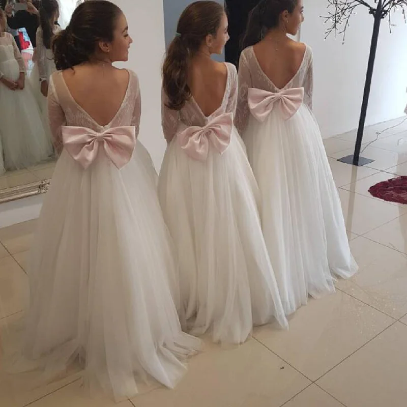 Flexible Long Sleeves Chiffon DressA-line Long Sleeves Ivory Tulle Lovely Flower Girl Dresses with bow FG147