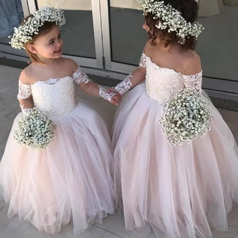 Fuzzy Long Sleeves Velvet DressA-line Long Sleeves Lace Tulle Cute Hot Sale Flower Girl Dresses FG146