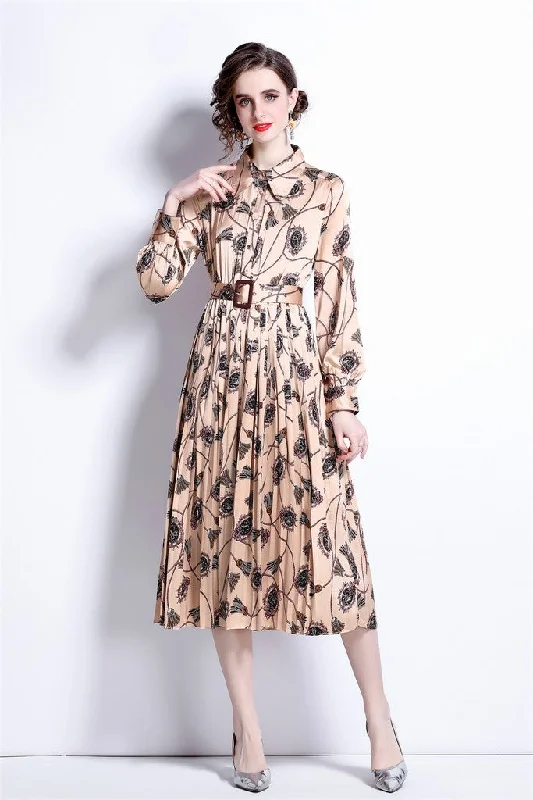 Flowing Maxi Long Sleeves DressApricot & Print Day A-line Long Sleeve Below Knee Dress