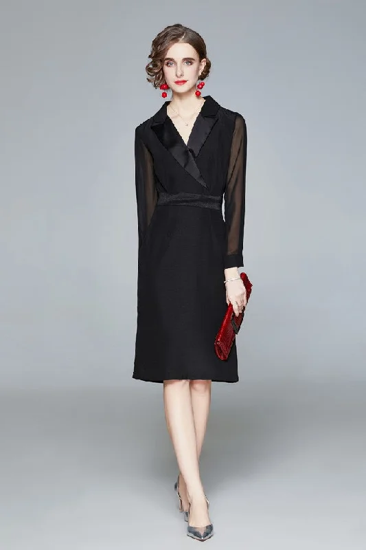 Flirty Long Sleeves DressBlack ?ocktail A-line Notch Lapel Long Sleeve Knee Dress