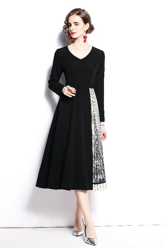 Fashionable Long Sleeves A-Line DressBlack & White Office A-line V-neck Long Sleeve Below Knee Dress