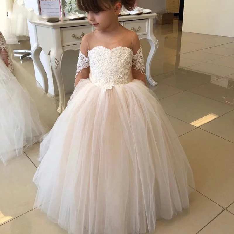 Flowing Long Sleeves Ruffle DressCute A-line Long Sleeves Lace Tulle Illusion Flower Girl Dresses FG154