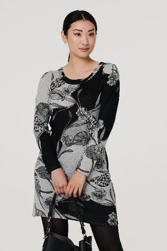 Flowing Long Sleeves Prom DressFloral Long Sleeve Jersey Shift Dress