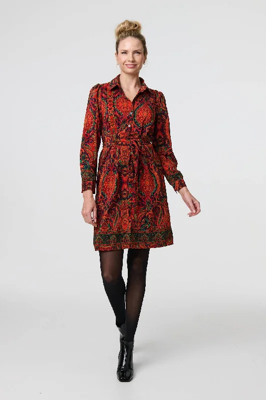 Flowing Long Sleeves Empire DressMosaic Print Long Sleeve Short Shirt Dress