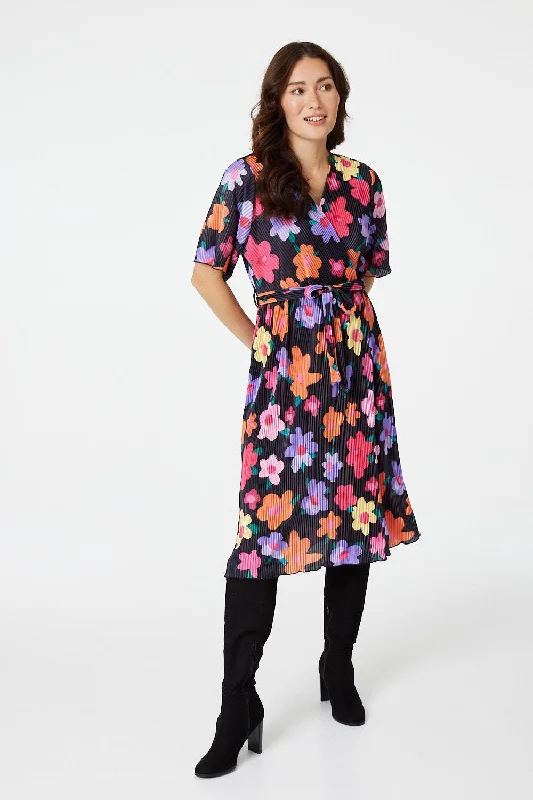 Flowery Long Sleeves Peplum DressFloral Long Sleeve Pleated Dress