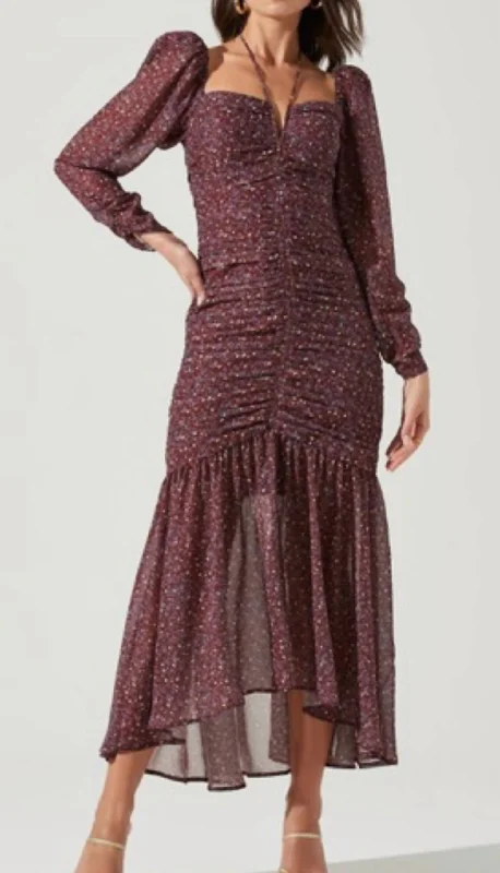 Fancy Long Sleeves Wedding Guest DressDitsy Print Long Sleeve Dress In Purple/brown