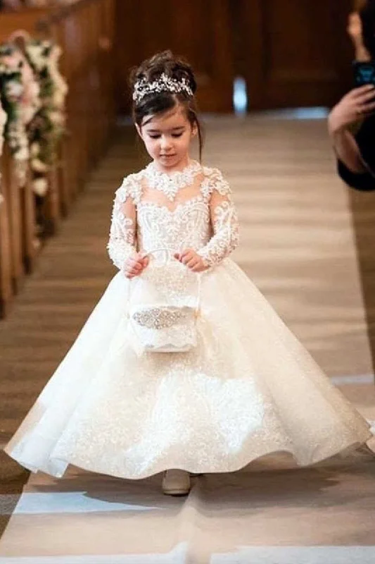 Full Length Long Sleeves DressGlamorous White Appliques Long Sleeve Floor-Length Flower Girl Dress