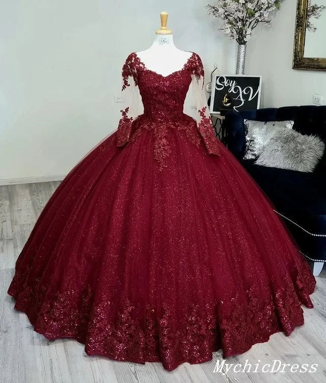 Fabulous Silk Long Sleeves DressGlitter Long Sleeve Princess Wine Quinceanera Dresses Embellished Sweet 16 Dress