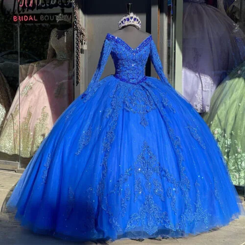 Formal Velvet Long Sleeves DressLong Sleeves Royal Blue Quinceanera Dresses V Neck Beaded Mexican Sweet 16 Dress