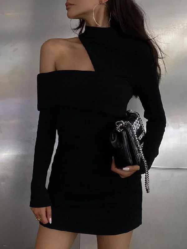 Flowy Long Sleeves DressMock Neck Oblique Cutout Rib Long Sleeve Short Dress