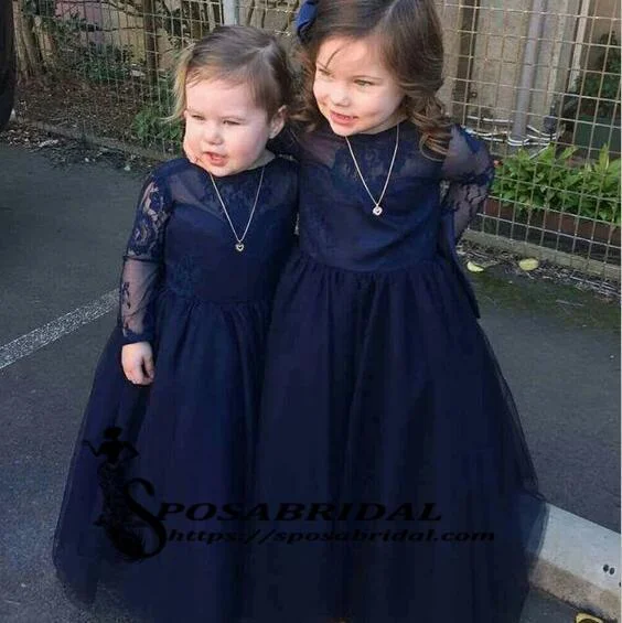 Full-Body Long Sleeves Jumpsuit DressNavy Blue Top Lace Tulle Long Sleeves V-Back Soft Discount Custom Flower Girl Dresses with bow , FG129