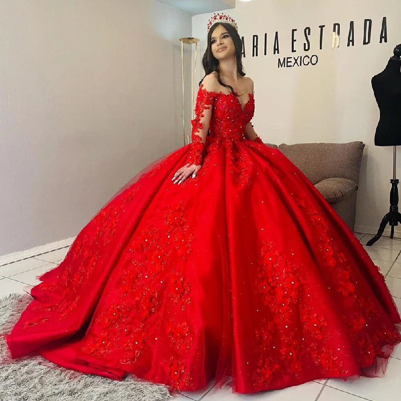 Fitted Silk Long Sleeves DressLong Sleeve Red Vintage Quinceanera Dresses Flowers Beaded Off Shoulder