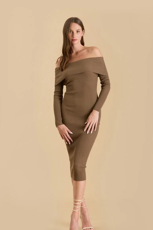 Fresh Long Sleeves DressOff the Shoulder Fold Over Long Sleeve Knit Dress